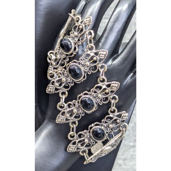 Vintage Ottoman Turkish-style Bracelet, Silver-tone with Black Stones, Tughra - Picture 1 of 5